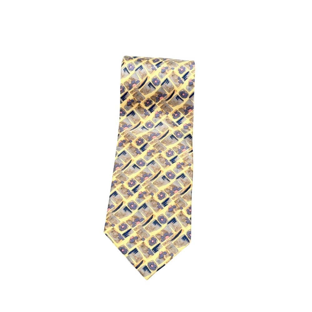 J. Garcia Mens‎ Silk Necktie Abstract Floral Geometric Yellow Blue Tie 100% Silk